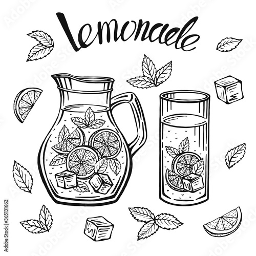 Glass jug with lemonade, sketch of homemade lemonade, summer  illustration. Hand drawn lemon, lemon slice, straw. The inscription on the lemonade.