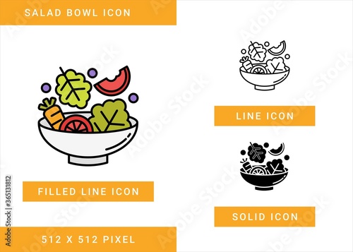 Salad bowl icons set vector illustration with solid icon line style. Fresh diet nutrition symbol. Editable stroke icon on isolated white background for web design, user interface, and mobile app