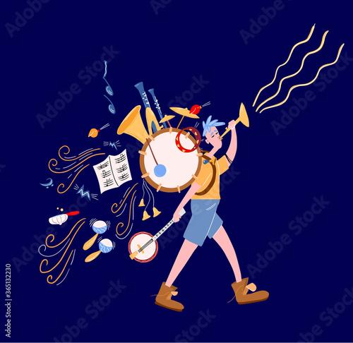 One man band. Illustration of a street musician. Multi musical instruments. Drum, wind instruments, bells. Image for posters, invitations, textiles, t-shirts, postcards.