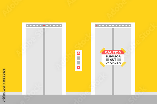 Hall vector illustration with two elevator doors. Working elevator and elevator out of order with caution banner.