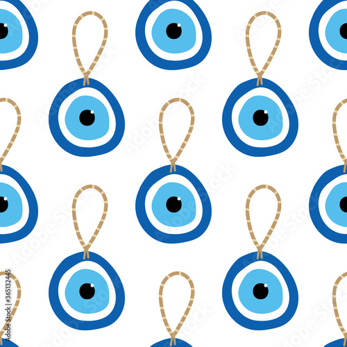 Nazar amulet, blue evil eye protection talisman seamless pattern background.