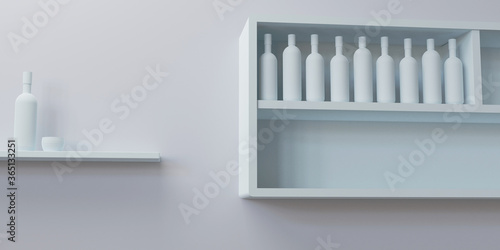 empty white kitchen  with multiple bottle 3d illustration