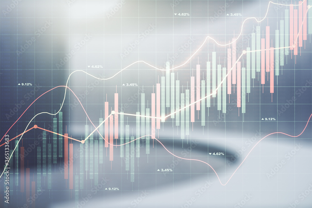 Multi exposure of virtual abstract financial diagram on abstract empty interior background, banking and accounting concept