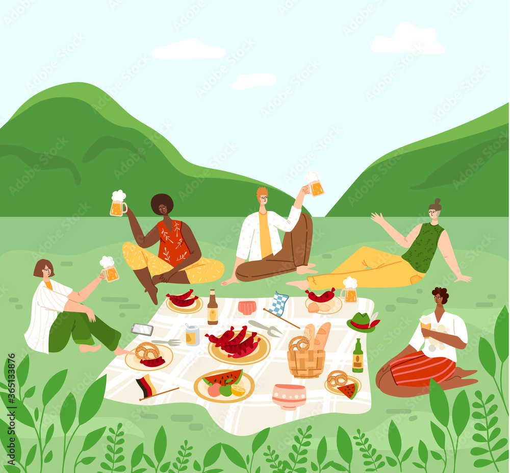 Oktoberfest or beer festival event, group of people having a picnic in rural area, men and women chatting, drinking beer, celebrating and eating sausages and pretzels - vector flat characters isolated