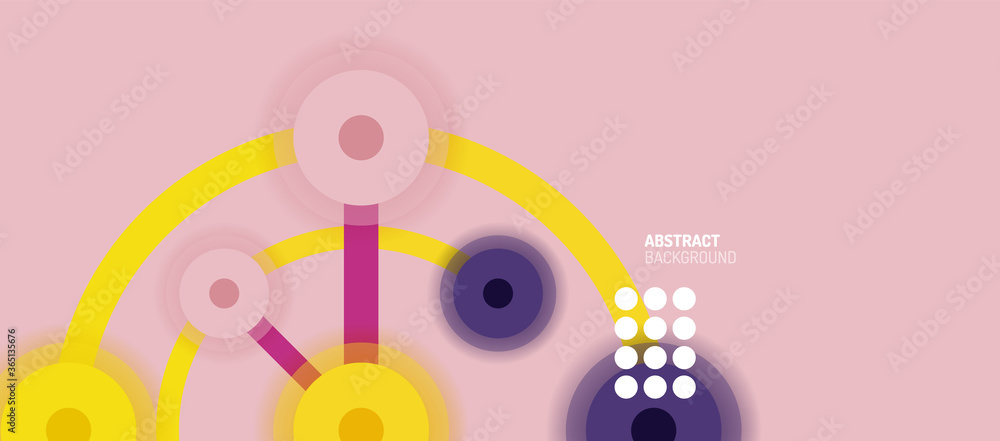 Flat style geometric abstract background, round dots or circle connections on color background. Technology network concept. Flat style geometric abstract background, round dots or circle connections on color background. Technology network concept.