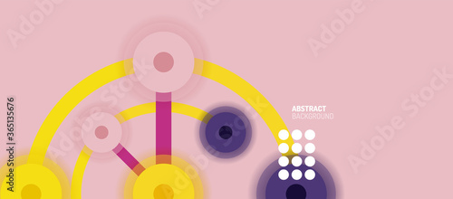 Flat style geometric abstract background, round dots or circle connections on color background. Technology network concept.