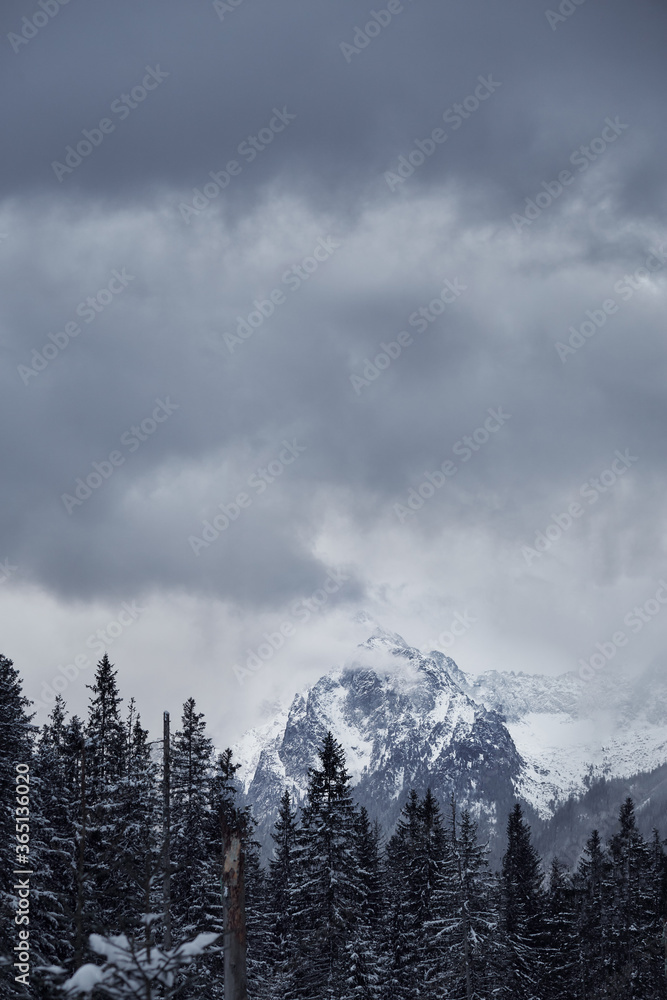 snowy mountain rock peaks during winter. heavy sky, dramatic panorama in Zakopane, Poland.