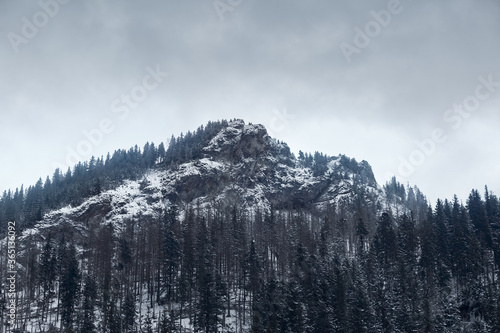 snowy panorama of rocky mountain in front. Tatry, Poland.