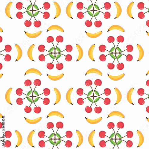 Seamless pattern tropical mix fruits (Watermelon ,Cherry ,Orange ,Lemon ,Banana ,Grapefruit) pattern on white background design for backdrop ,wallpaper ,poster ,postcard and cover book.Summer concept.