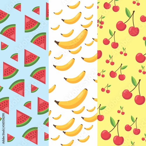 Seamless pattern tropical mix fruits (Watermelon ,Cherry ,Orange ,Lemon ,Banana ,Grapefruit) pattern on white background design for backdrop ,wallpaper ,poster ,postcard and cover book.Summer concept.