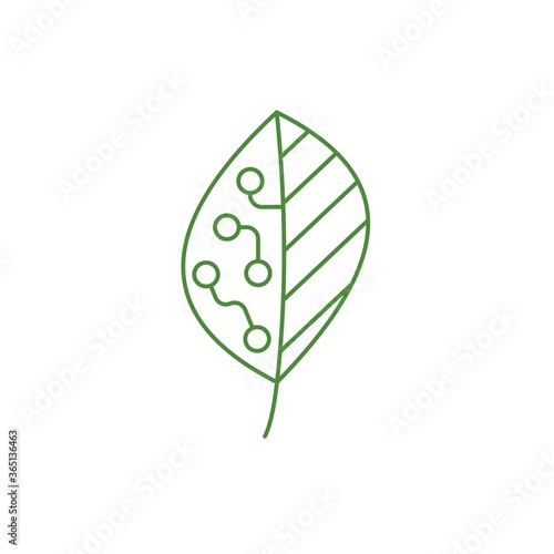 Green leaf and electronic chip. Vector Linear Icon Isolated on White Background.