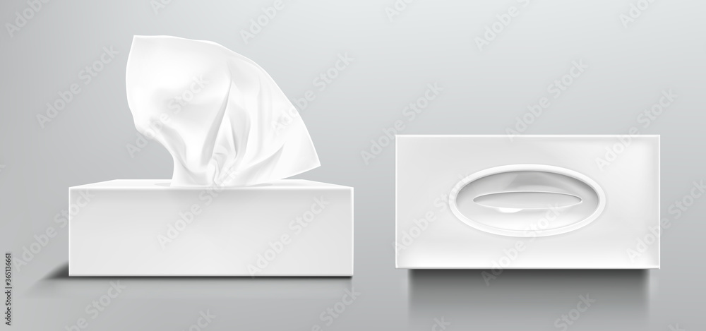 Box with white paper napkins. Vector realistic mockup of blank open and ...