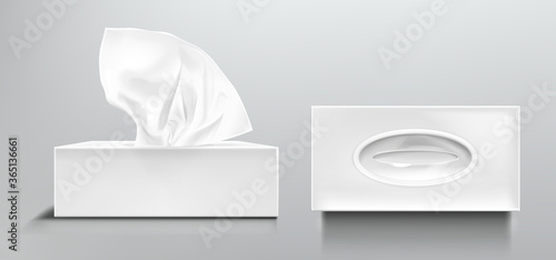 Box with white paper napkins. Vector realistic mockup of blank open and closed cardboard package with facial tissues or handkerchiefs, top side view isolated on transparent background