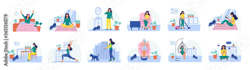 Set of daily routines. The concept of daily life, everyday leisure and work activities. Flat vector illustration.