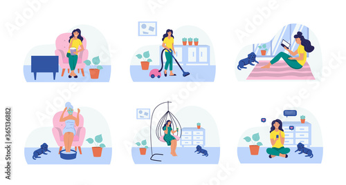 A woman reads, watches TV, vacuums, makes a cosmetic mask, drinks coffee, sits with a mobile phone. Set. The concept of daily life, everyday leisure and work activities. Flat vector illustration.
