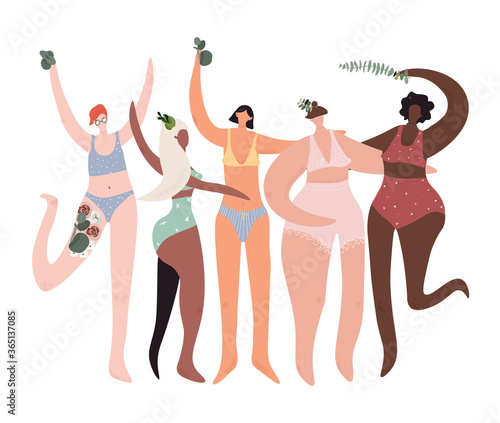 Multicultural models women in underwear with plants in their hands. Concept about body positive, feminism and equality. Girl power. Vector flat illustration in cartoon style on white background.