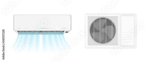 Air conditioner handing on wall and conditioning ventilator on window. Vector realistic mockup of split system for climate control with cold wind flows. Aircon isolated on white background