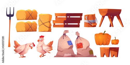 Chickens, straw, bags with harvest and fork isolated on white background. Vector cartoon set of farm icons with hay stacks, wooden boxes, trough and bench, hen and pumpkin