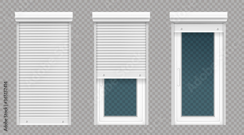 Glass door or tall window with rolling shutter isolated on transparent background. Vector realistic set of closed and open roller up for door or window, white metal blind for office or store facade