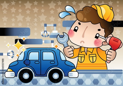 car mechanic with tools and car