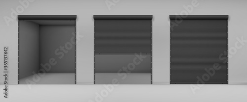 Gate with black rolling shutter in gray wall. Vector realistic illustration of hallway in garage or warehouse with closed and open roller up blinds. Building facade with automatic doors