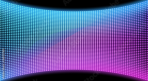 LED video wall screen texture background, blue and purple color light diode dot grid concave tv panel, lcd display with pixels pattern, television digital monitor, Realistic 3d vector illustration