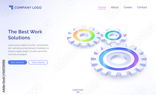 The best work solutions isometric landing page, engine gears, cogwheels mechanism working process, teamwork cooperation, company strategy or innovative idea development concept, 3d vector web banner