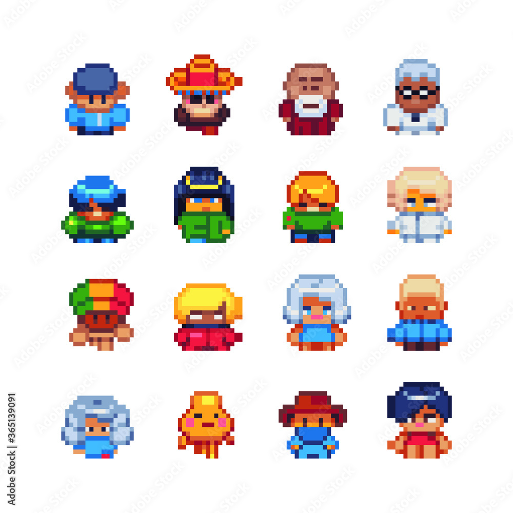 Abstract video game characters, cute creatures set, pixel art style icons,  cool guy, little monster, man, girl, element design for logo, app, web,  sticker. Isolated vector illustration. Векторный объект Stock | Adobe