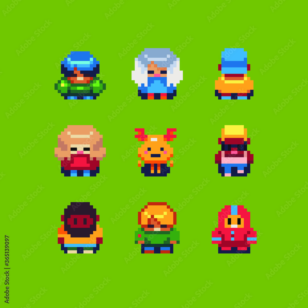 Abstract video game characters, cute creatures set, pixel art ...