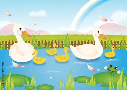 ducks and frog in pond