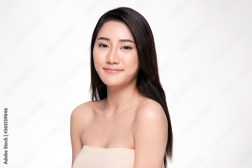 Beautiful smiling young asian woman with clean skin, natural make-up, on white background, Beautiful smiling young asian woman with clean skin, natural make-up, on white background,