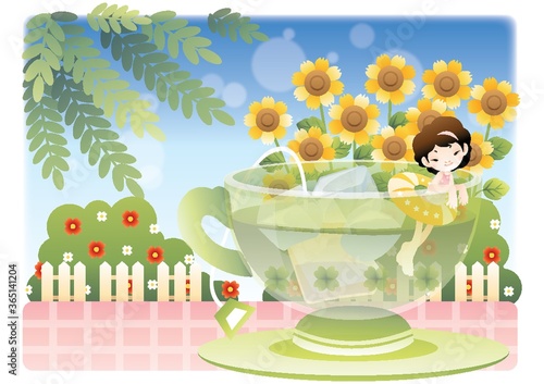 girl swimming in giant tea cup