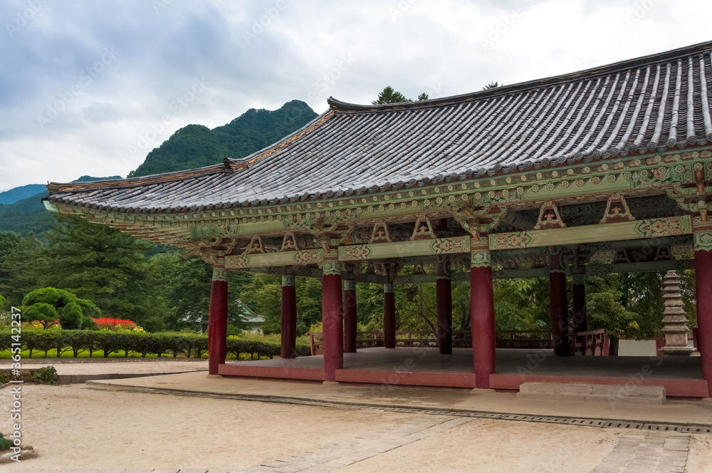 Beautiful traditional korean Pavilion of Pohyon Temple surrounded by green park in Myohyang Mountains, North Korea