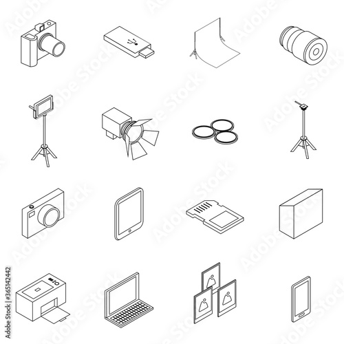 Vector set of photo equipment camera, camera lenses, tripod, phone, laptop, sd card, and lighting isolated object. Digital camera and gadgets for professional studio photography design elements