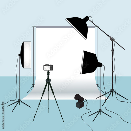 Photography equipment flat vector illustration, white background for taking picture. Photo studio white blank background with light, camera, tripod and set of backdrop. Cameraman tools
