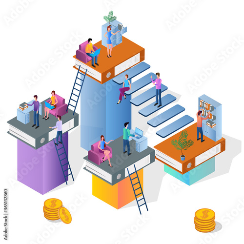 People are engaged in office work.Concept of joint activity.People interacting with each other.An isometric illustration of teamwork.Vector illustration.
