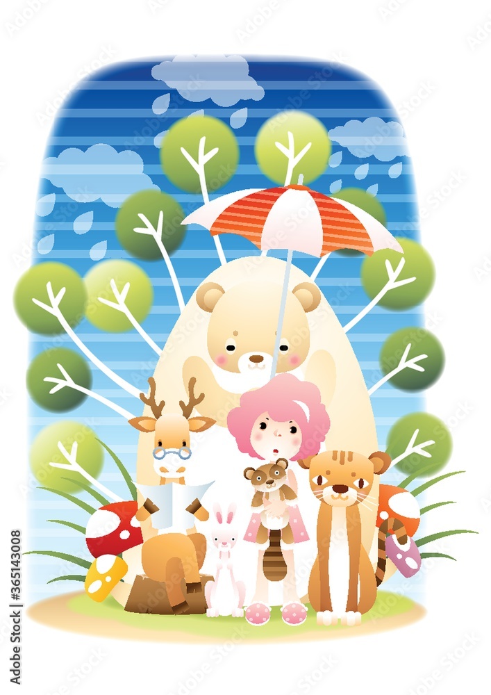 Naklejka premium girl surrounded by animals