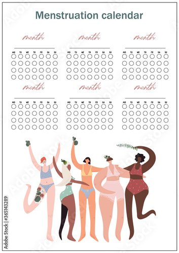 Vector menstruation calendar. Multicultural models women in underwear with plants. Girl power concept. Body positive, feminism and equality. Girl power. Vector flat illustration in cartoon style.