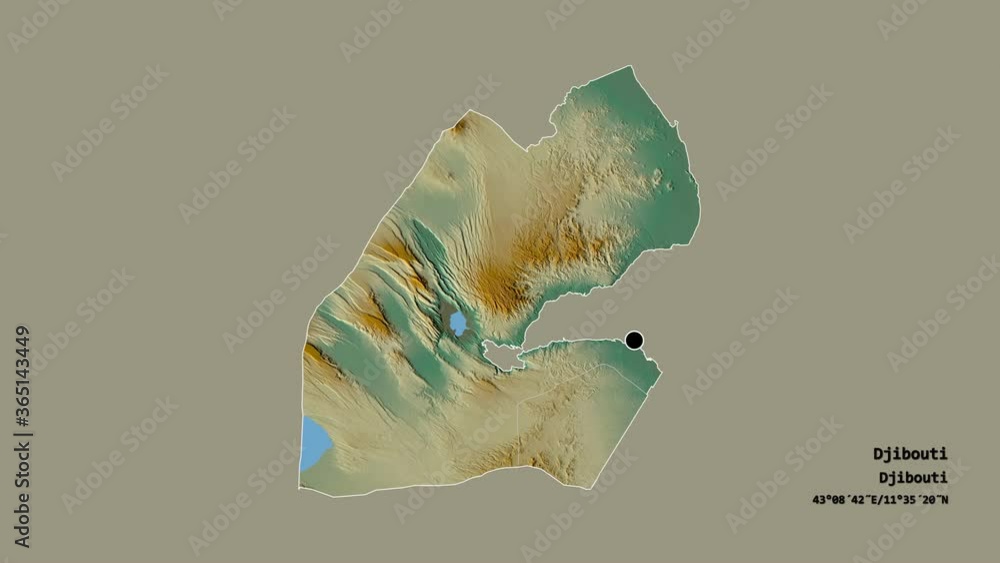 Tadjourah, region of Djibouti, with its capital, localized, outlined and zoomed with informative overlays on a relief map in the Stereographic projection. Animation 3D Tadjourah, region of Djibouti, with its capital, localized, outlined and zoomed with informative overlays on a relief map in the Stereographic projection. Animation 3D