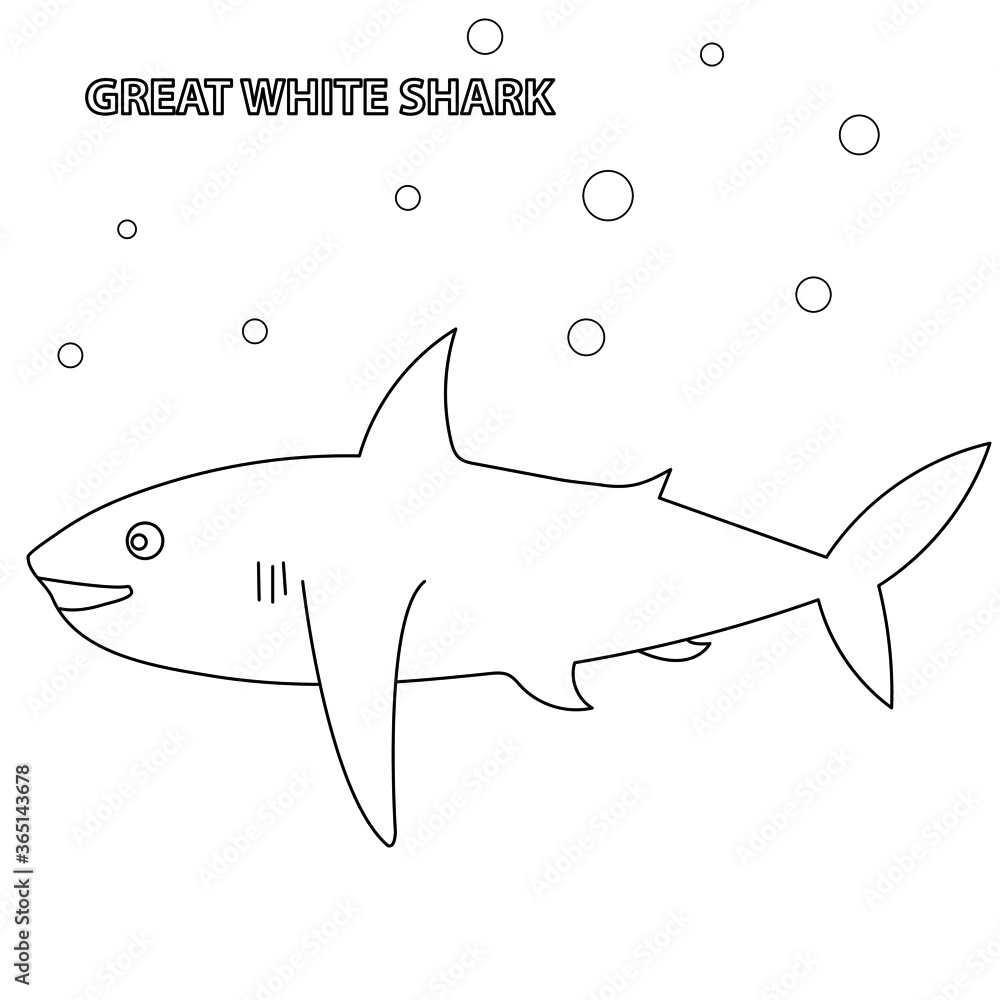 Obraz premium Black and white vector illustration for coloring book. Cartoon great white shark. Underwater world.