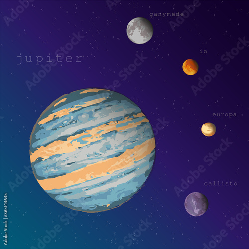 jupiter and four satellites view from space vector illustration for education training manuals textbooks posters astronomy space flight research exploration