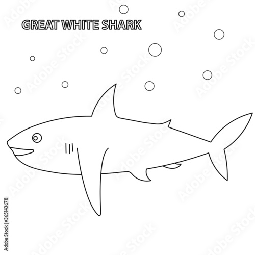 Black and white vector illustration for coloring book. Cartoon great white shark. Underwater world.