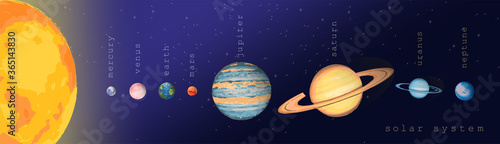 solar system sun venus mercury mars earth jupiter saturn uranus neptune. colorful planets on the deep dark starry cosmic sky. infographic educational illustration about space exploration astronomy