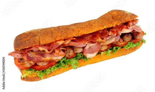 Sausage and bacon filled ciabatta bread sandwiches with salad and red tomato sauce isolated on a white background
