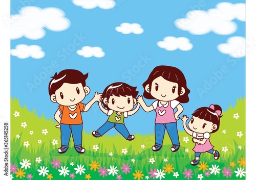 family playing in flowers garden