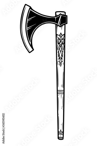 Illustration of viking axe in engraving style. Design element for logo, emblem, sign, poster, card, banner. Vector illustration
