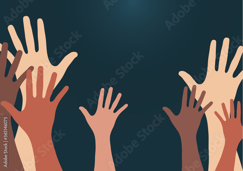 People raise their hands, vote with their hands. The concept of multinationality, diversity, union and power. Volunteering, charity, donations and solidarity.