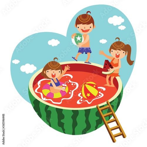 Fototapeta Naklejka Na Ścianę i Meble -  children playing in the watermelon pool