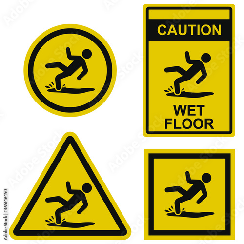 Wet floor - warning sign isolated on white background. Set of vector illustrations in different form. Caution symbol warns of possible injury due to a fall on slippery floor. Used during wet cleaning.