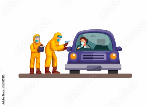 Drive thru rapid test, doctor and scientist wear hazmat suit check driver car from corona virus infection. concept in cartoon illustration vector on white background